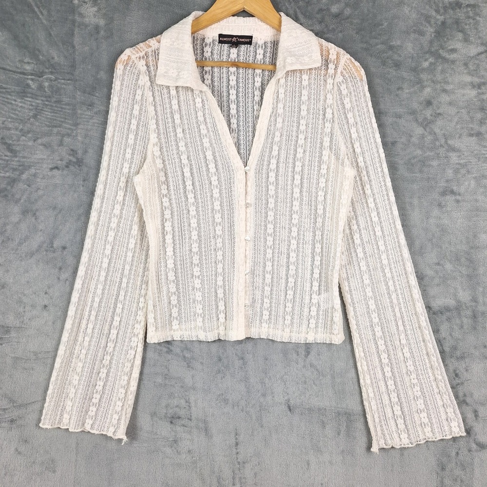 Womens Top Large Sheer Romantic Floral Lace Button Up Cottage Boho Flare Sleeve